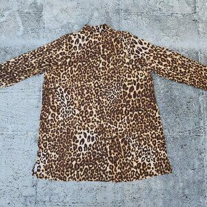 Roaman's Women Top Dress Shirt Turtleneck Animal Print Brown Cotton Size L 18-20